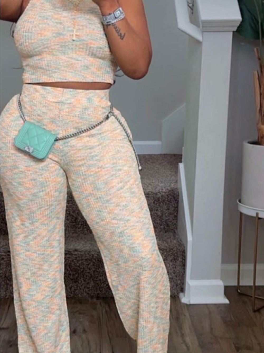 Women's Two-Piece Ribbed Knit Crop Top & Wide-Leg Pants Set - Peach Multi - Picture 2 of 3